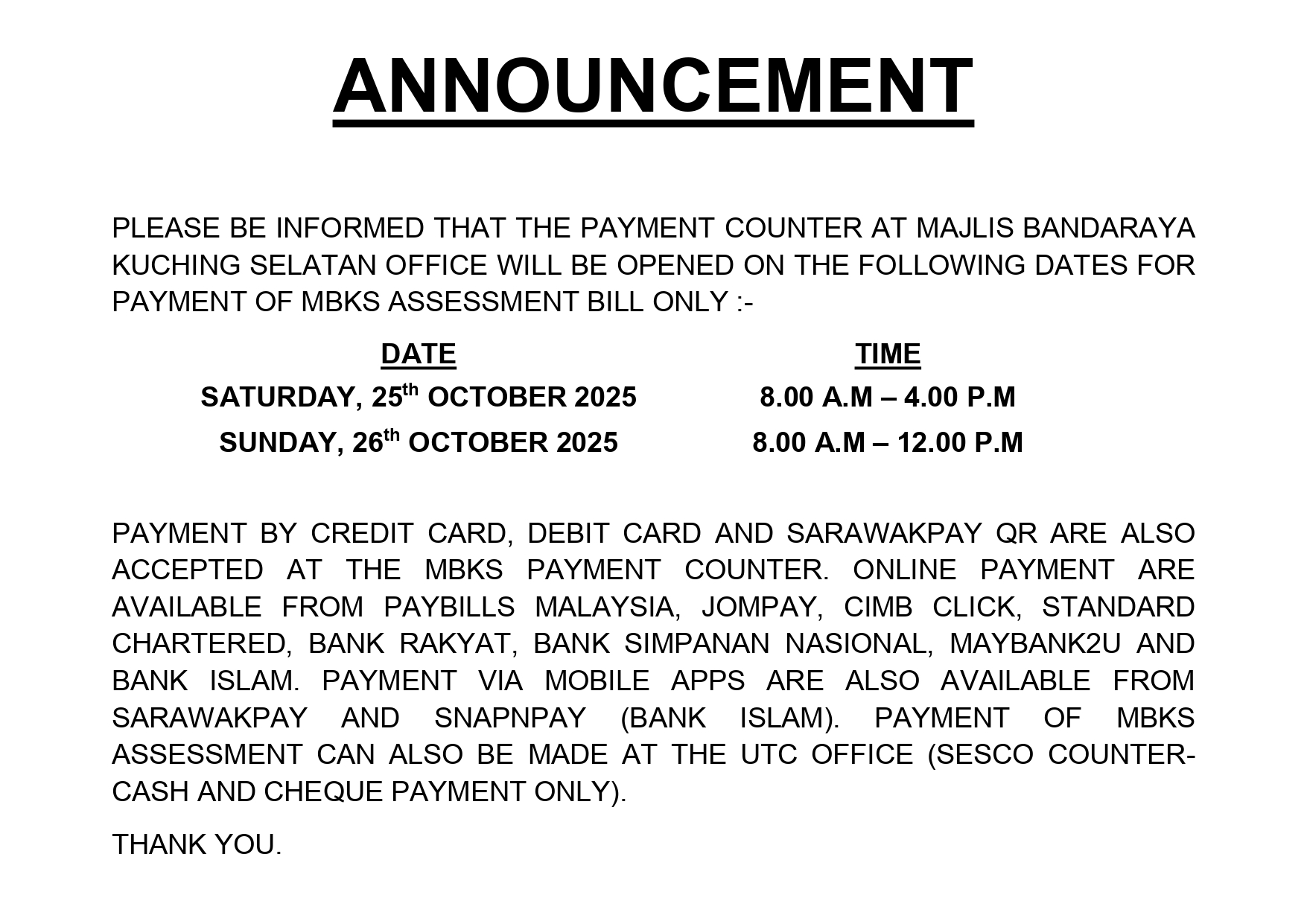 ANNOUNCEMENT OPEN COUNTER (WEEKEND)